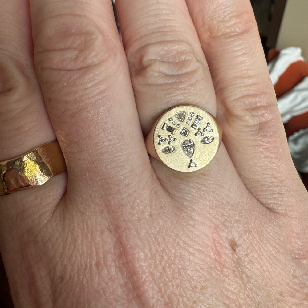 14K DIAMOND MOSAIC BRUSHED GOLD ROUND SIGNET RING - Picture 3 of 9